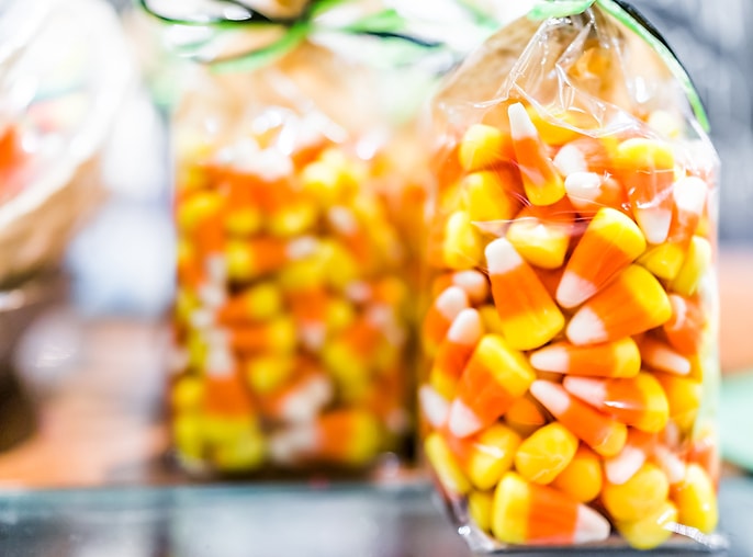 Bags filled with candy corn for trick-or-treaters