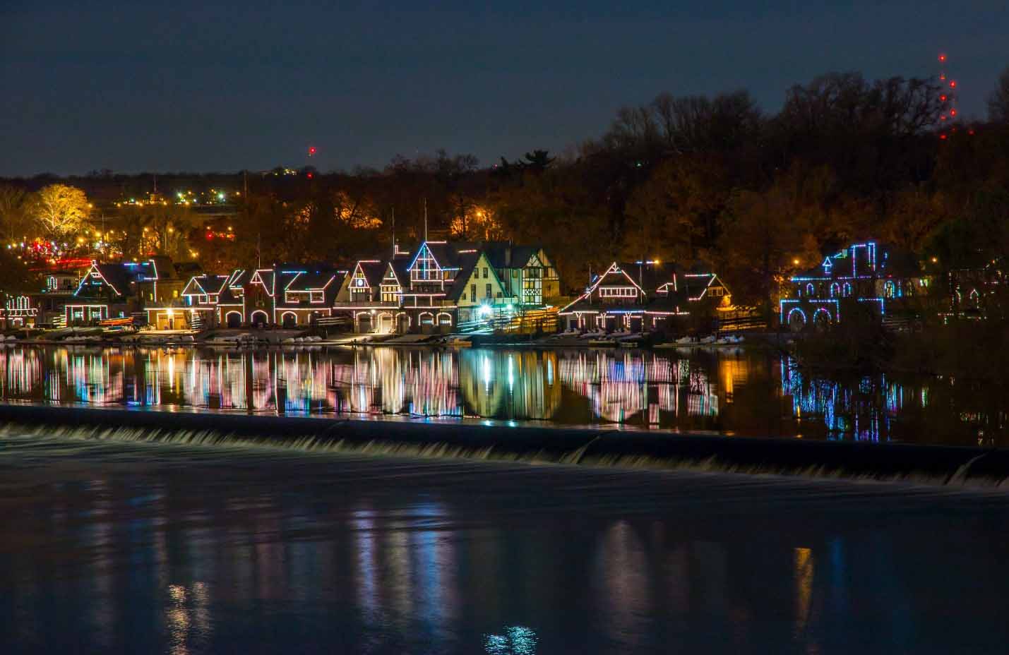 Boathouse Row in Philadelphia illuminated