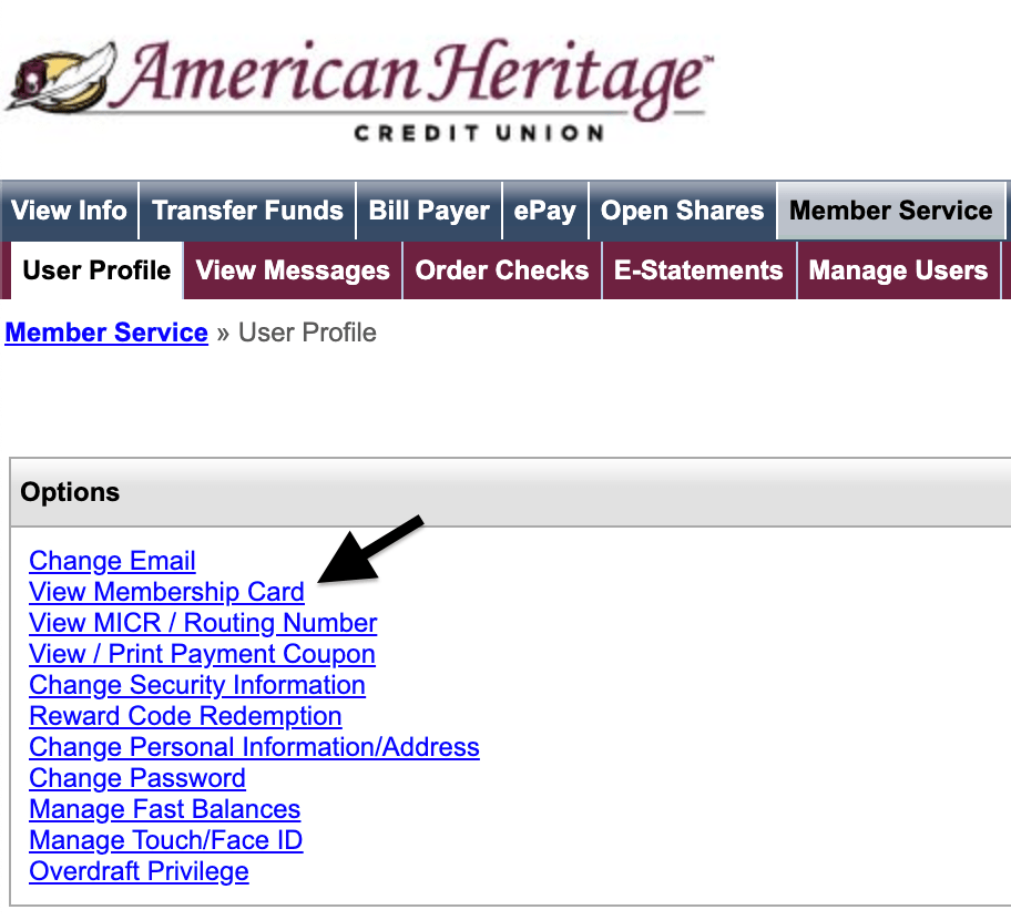 arrow on screenshot showing location of membership card on online teller