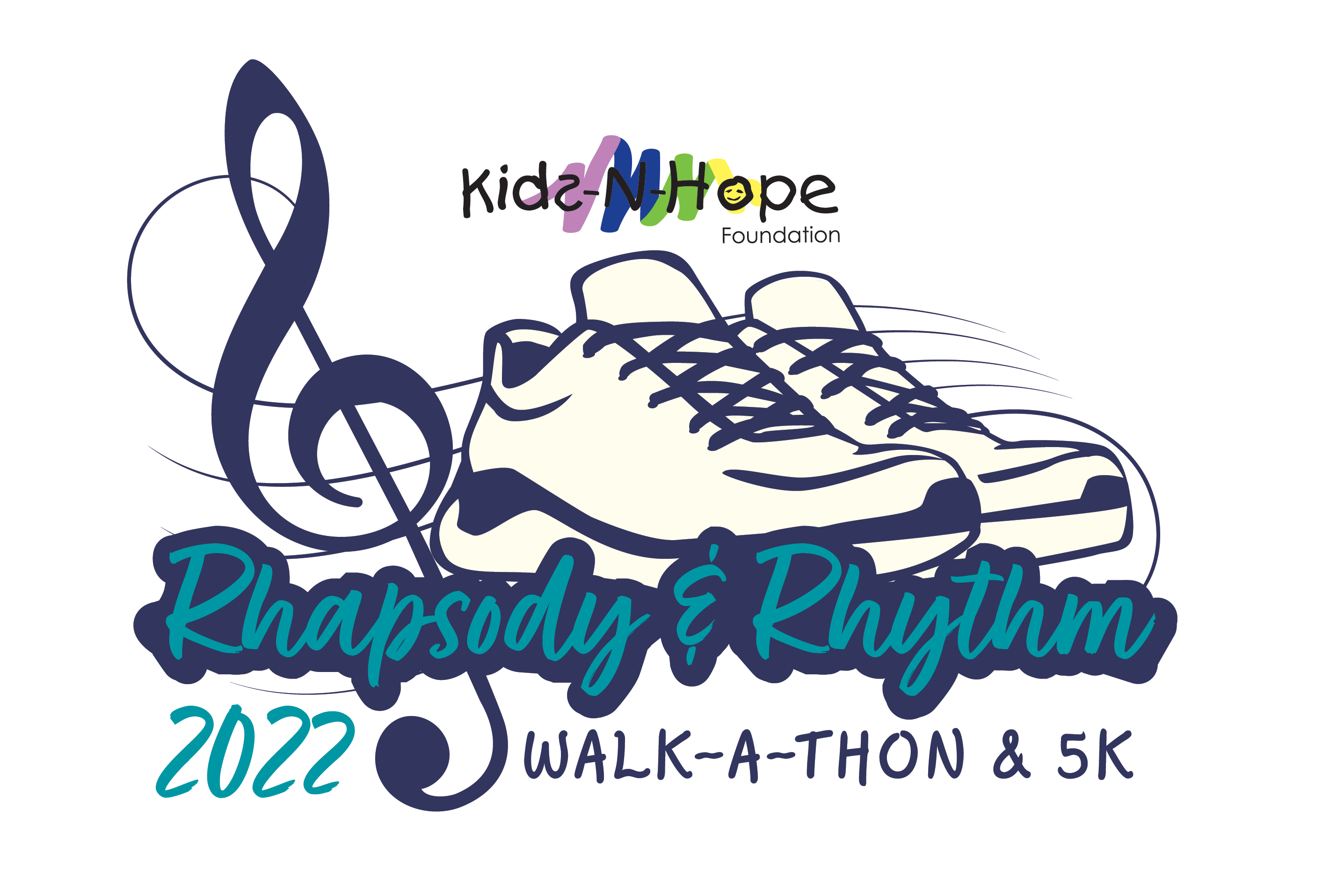 Rhapsody & Rhythm Walk-A-Thon & 5K Logo with Music Note and Sneakers