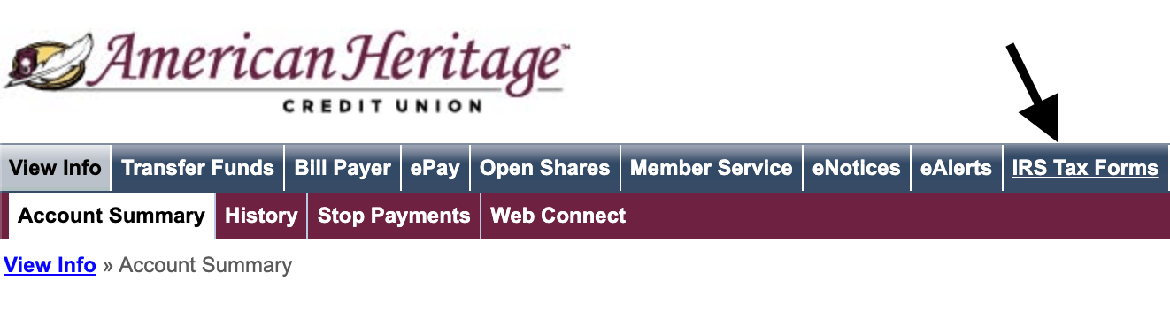 arrow pointing to link to tax forms on online teller