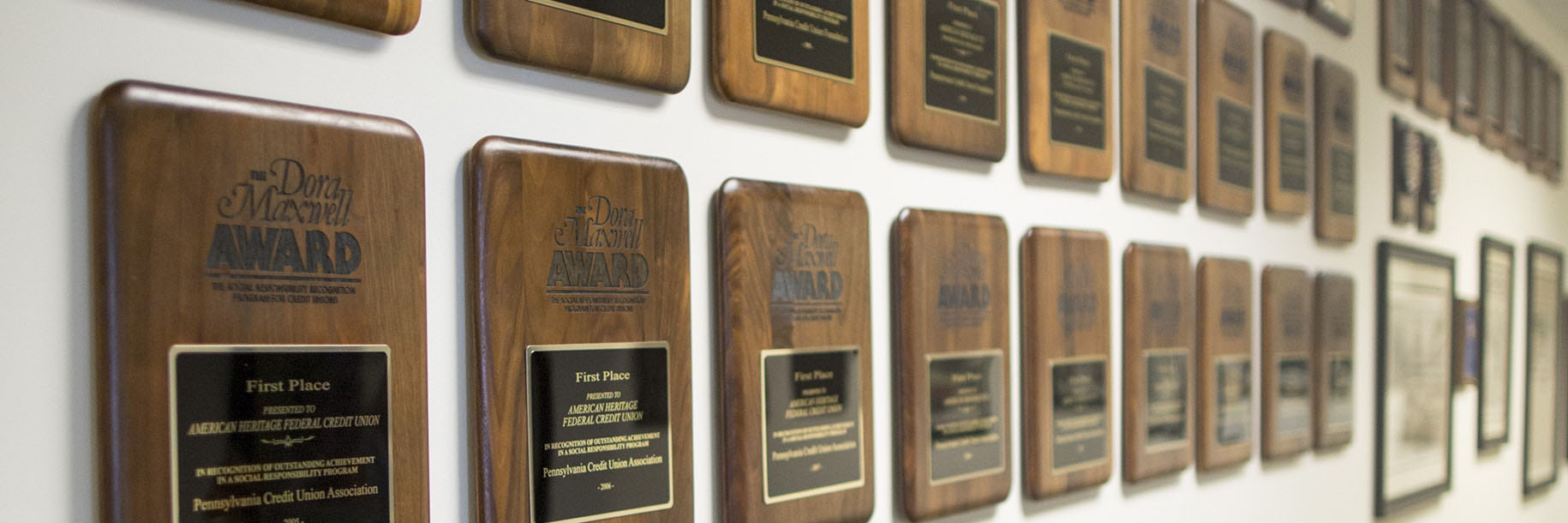 Award plaques hung on wall