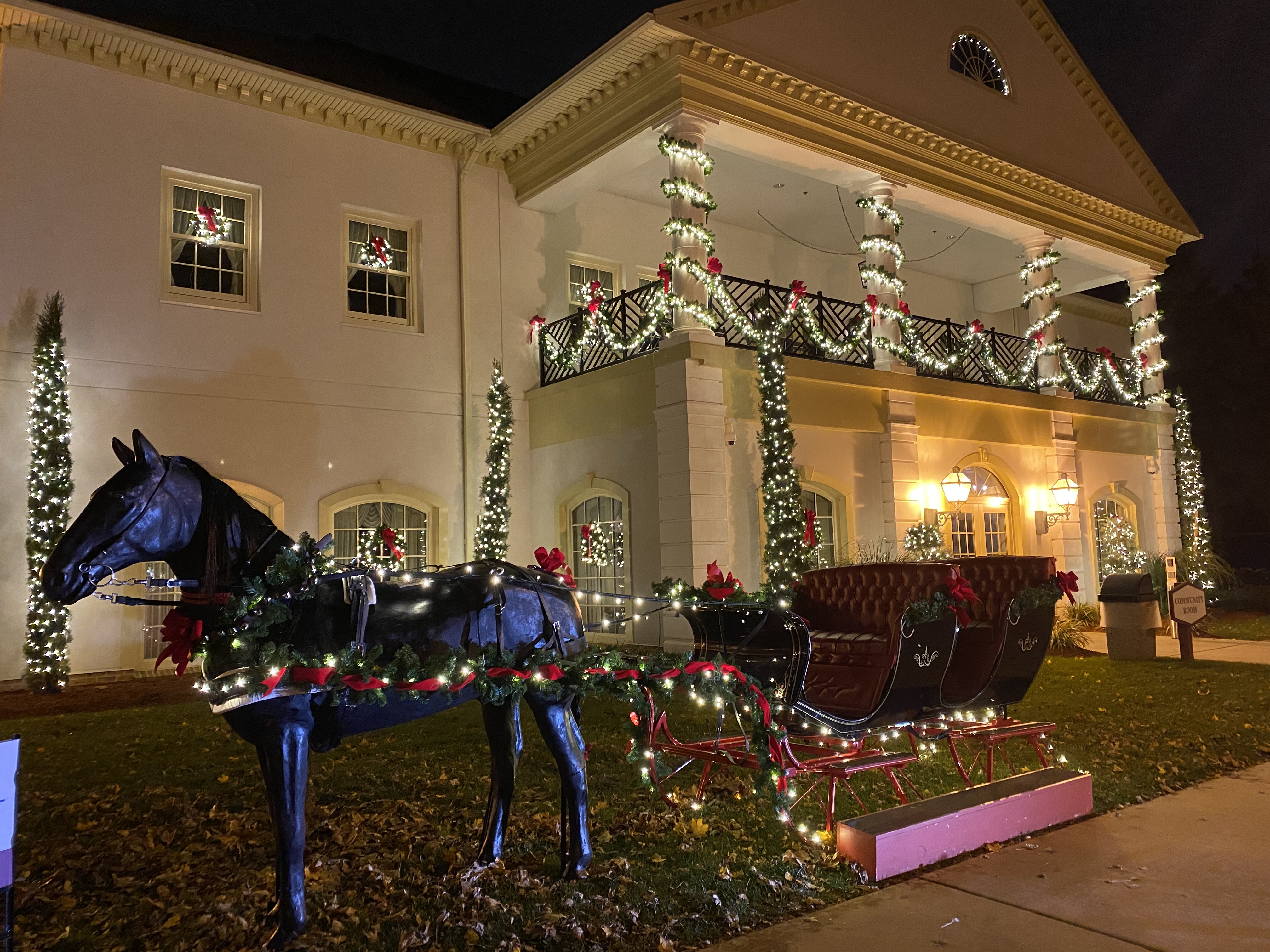 Display horse and sleigh in front of American Heritage Building with lights.