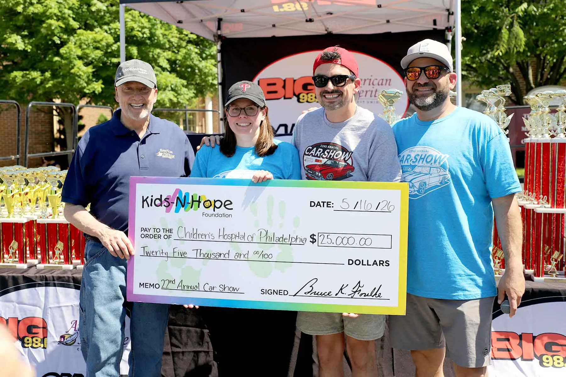 American Heritage Credit Union and BIG 98.1 representatives with a check for CHOP