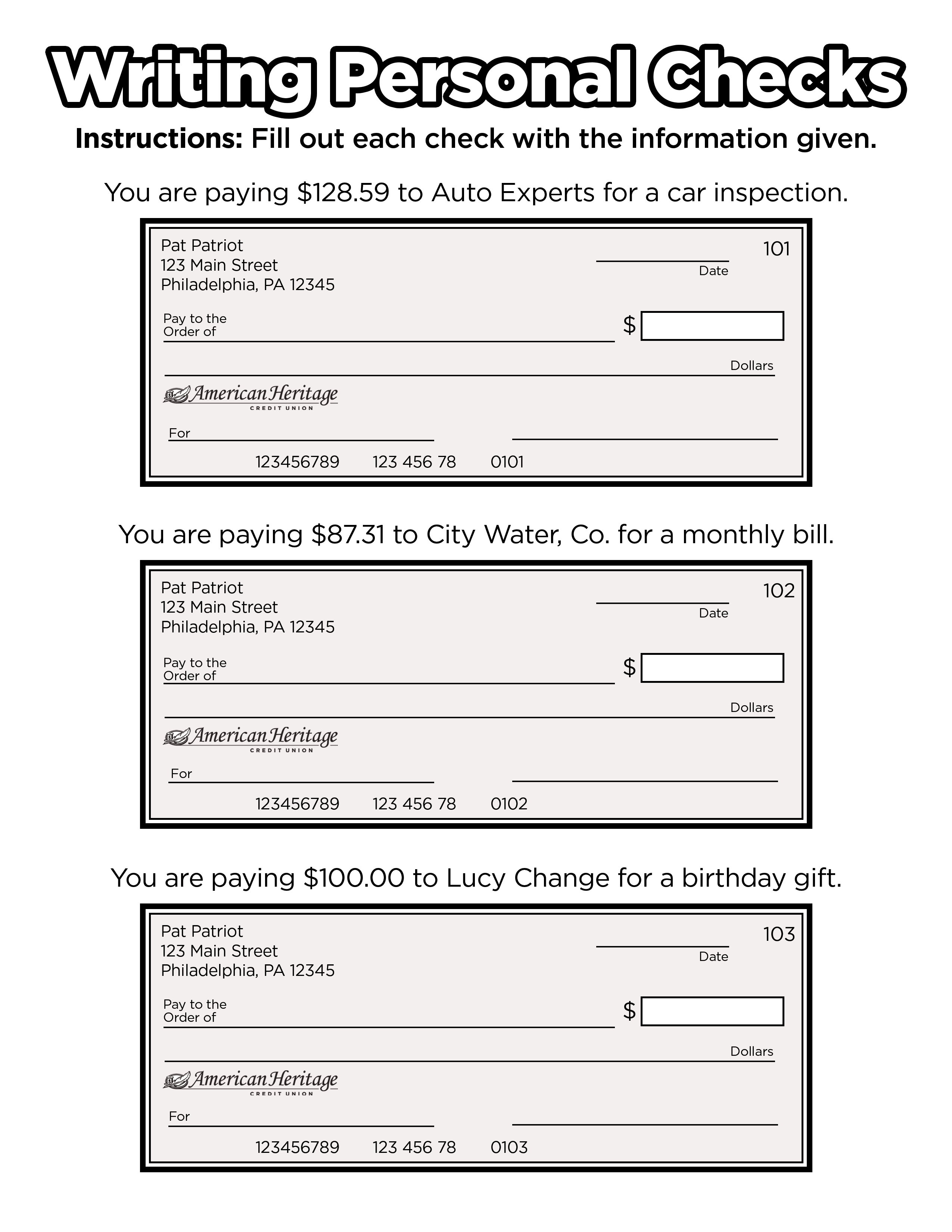 Practice writing personal checks with this worksheet