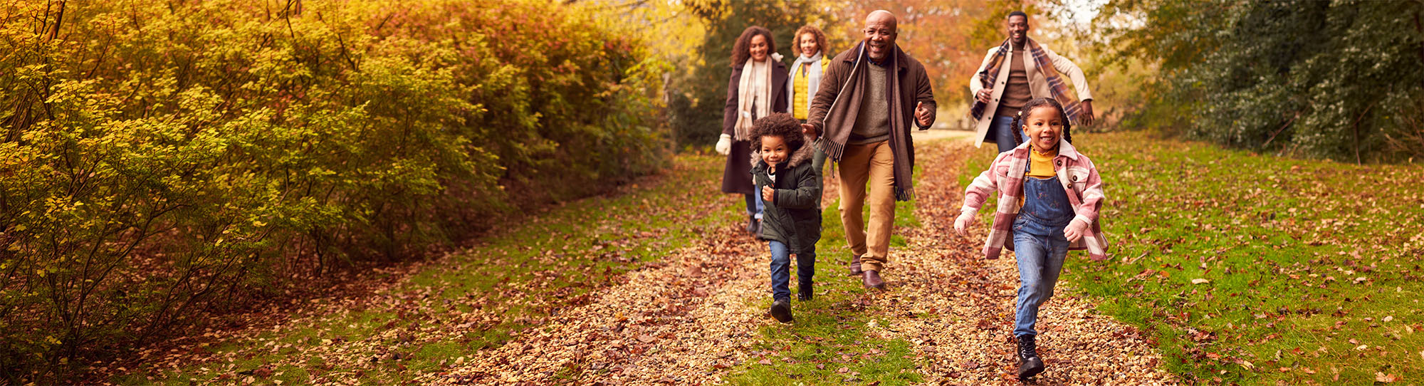 a family walking in the woods in the fall